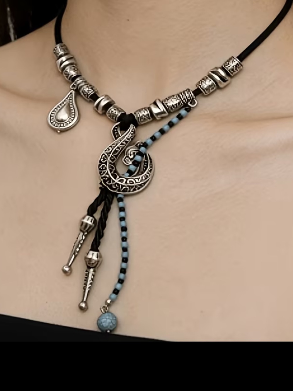 Bohemian Silver-Tone Crescent Necklace with Black and Turquoise Beads, NEW!